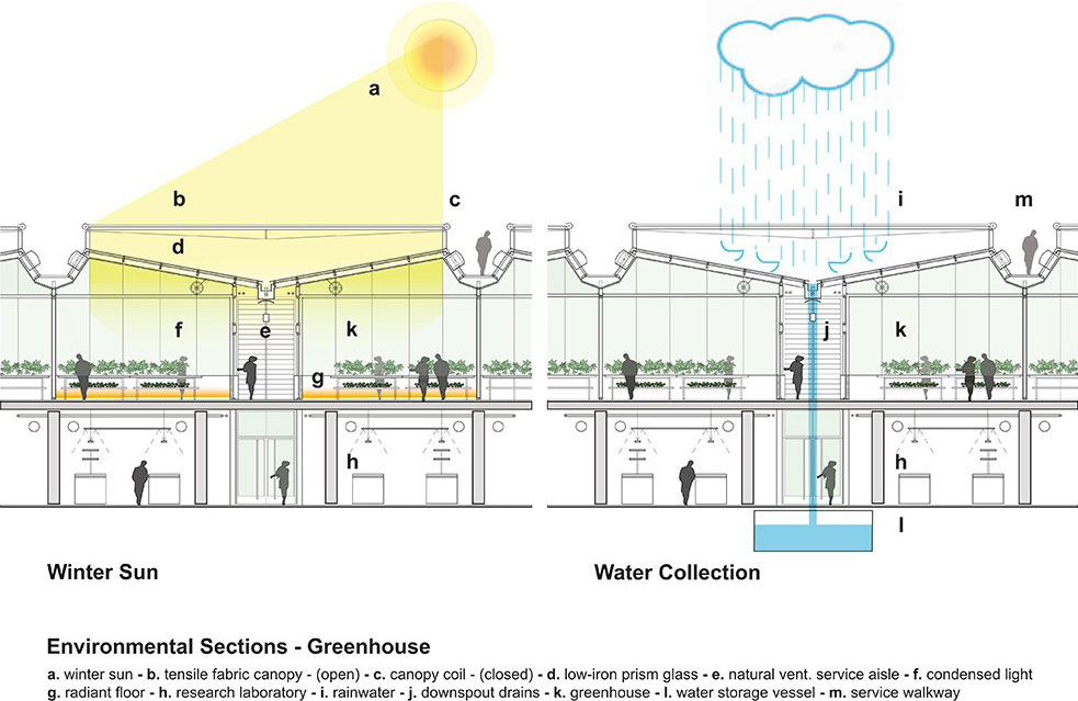 Image 6. 2 section diagrams of building.  First diagram shows winter sunlight coming through the glass ceiling panels above and the second diagram shows rain water collection system.