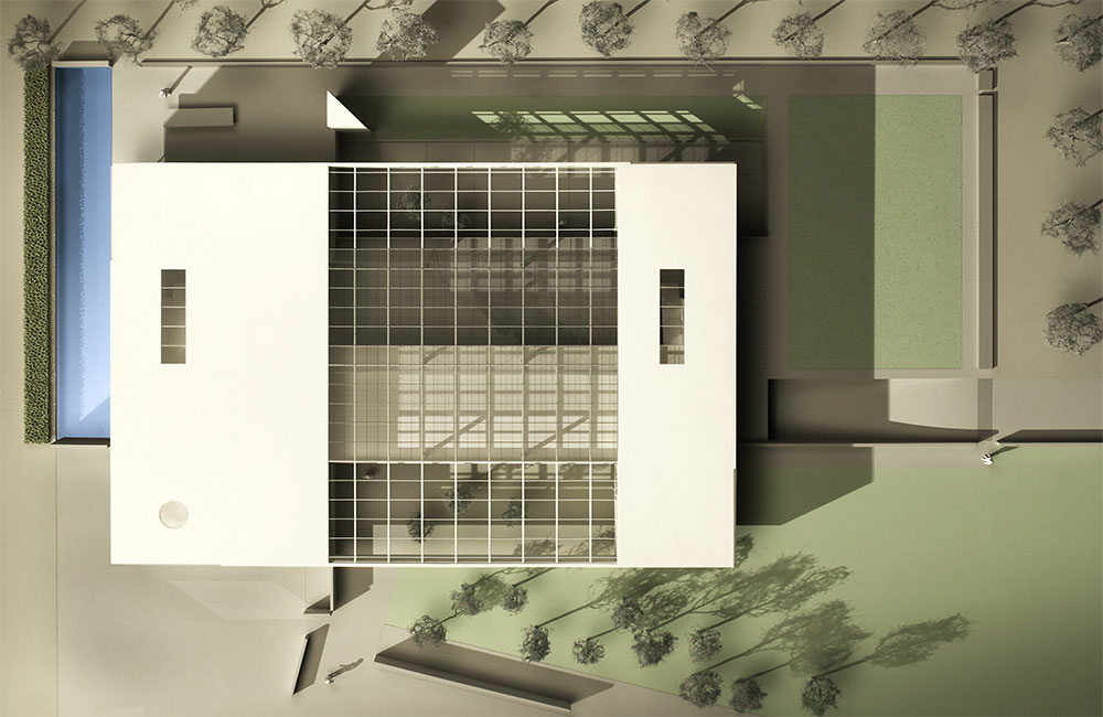 Image 1. Top view of model showing a 2-story modern rectangular building with a minimal lap pool to the left and a row of trees running along to top edge of the site.