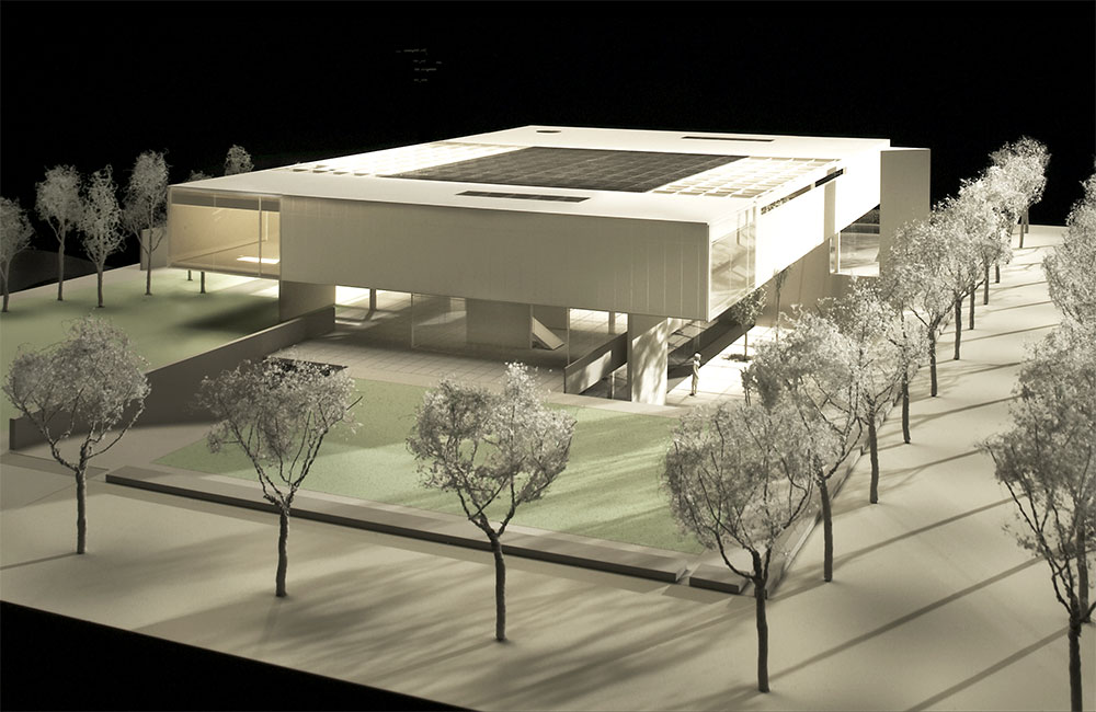 Image 5. Corner aerial back view of 2-story modern residence model.