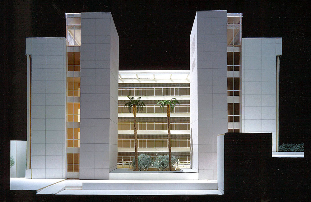 Image 2. Front view of hospital model featuring a small open courtyard garden in the center.