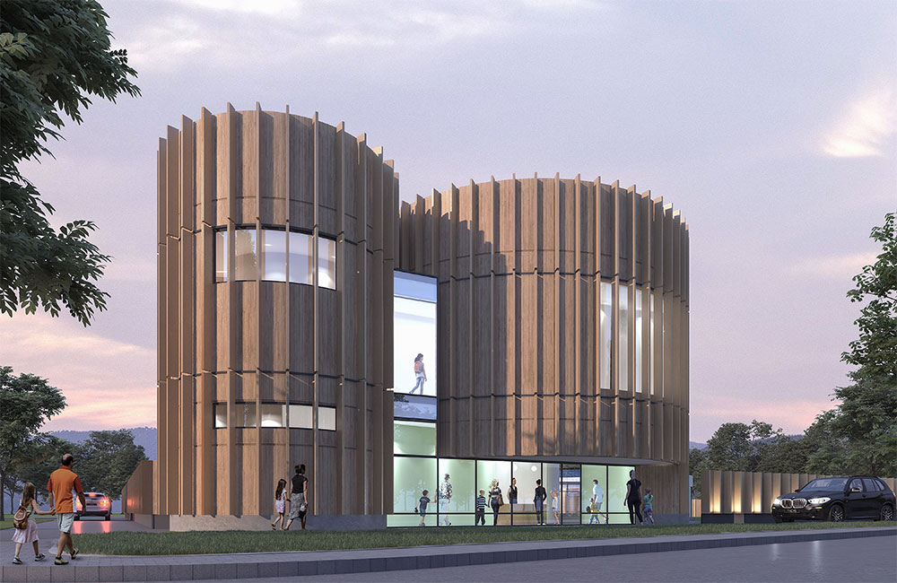 Image 5. Rendering of front entrance showing 2 cylindrical towers clad with wood panels and features distinct evenly spaced vertical wood fins. The full-height storefront system at the building entrance shows a bright, open lobby.