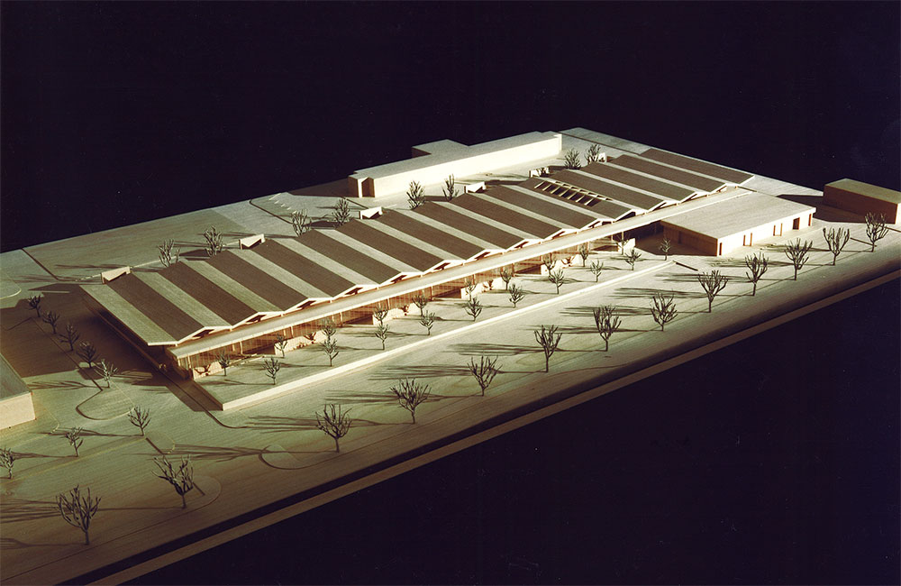 Image 1. Aerial view of model showing 1-story rectangular modern building with unique folded plate roof.