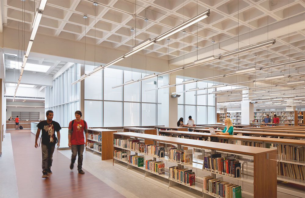 Image 3. Second floor open plan library area with low height bookshelves and suspended linear light fixtures.