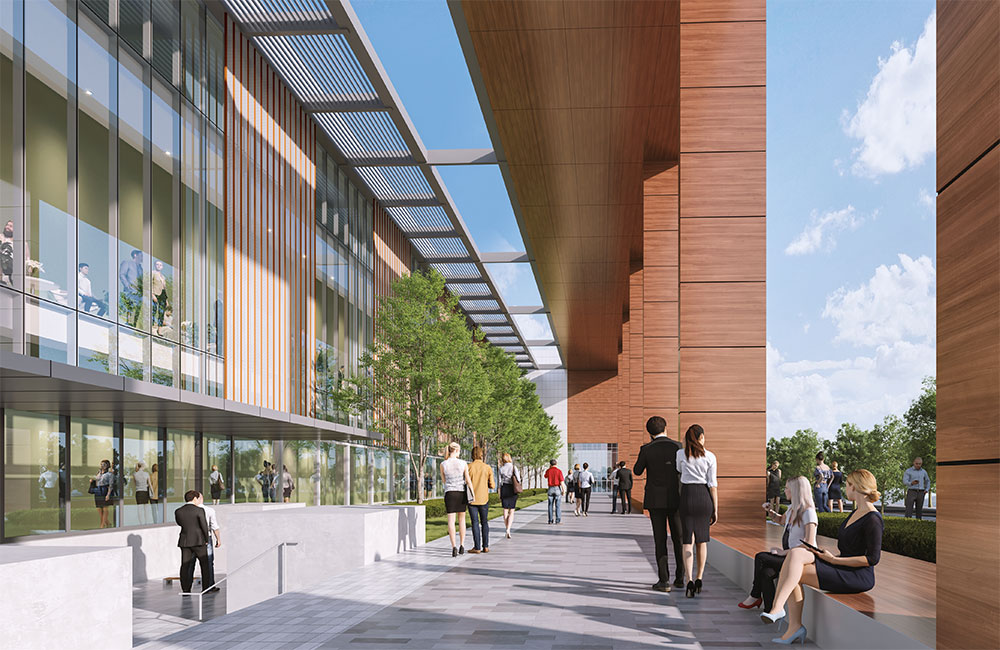 Image 4. Rendering of outdoor walkway with a 3-story contemporary glass and steel courthouse building on the left and a row of rectangular columns clad with wood panels on the right.