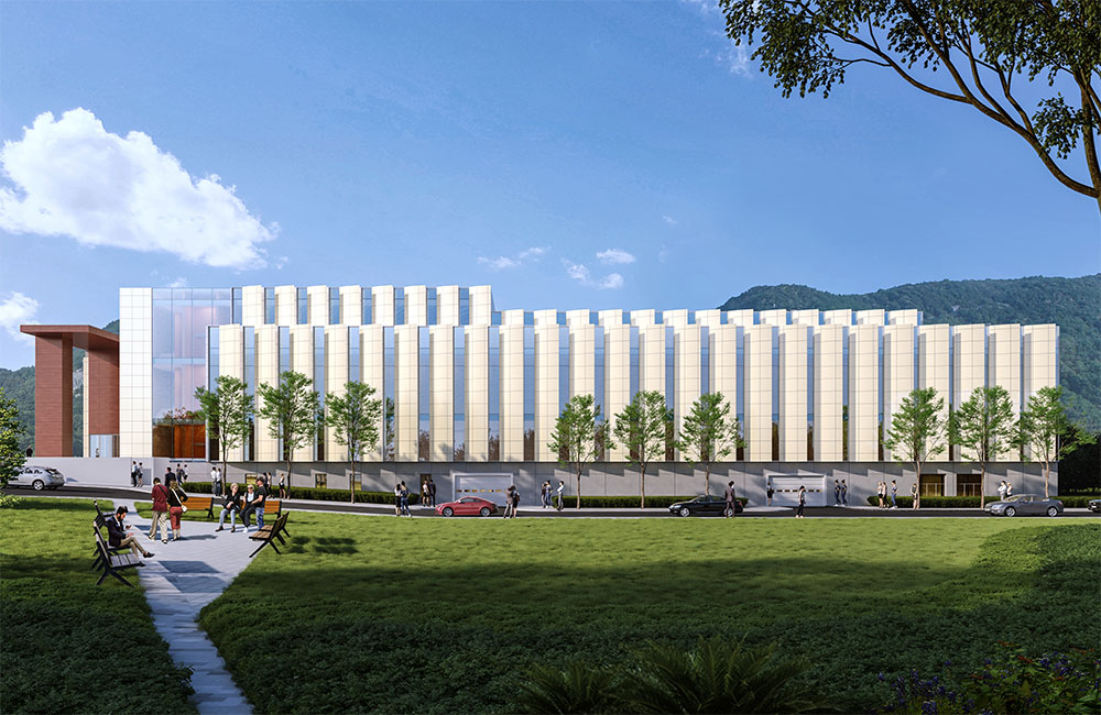 Image 5. Rendering of courthouse side elevation showing angled evenly spaced vertical fins running along the entire length of the building providing shade from sunlight.