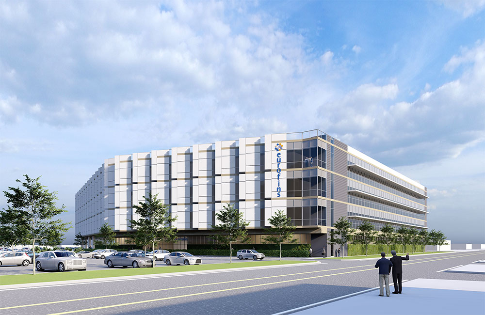 Image 2. Street view rendering of modern 4-story building with angled white vertical sunshade fins running along the left facade.