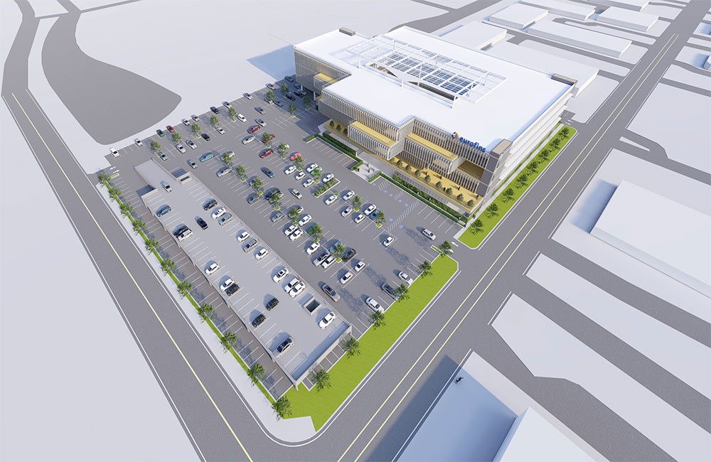 Image 4. Aerial view rendering of modern 4-story building with staggered, cantilevered floors located next to a parking lot.