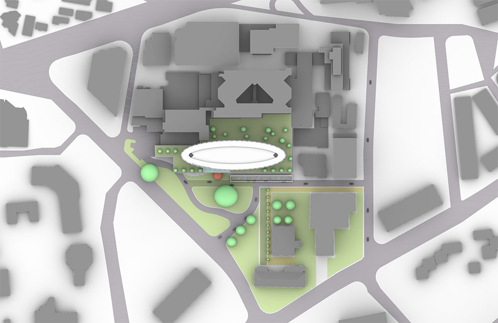 Image 1. Site plan showing long eliptical central building.