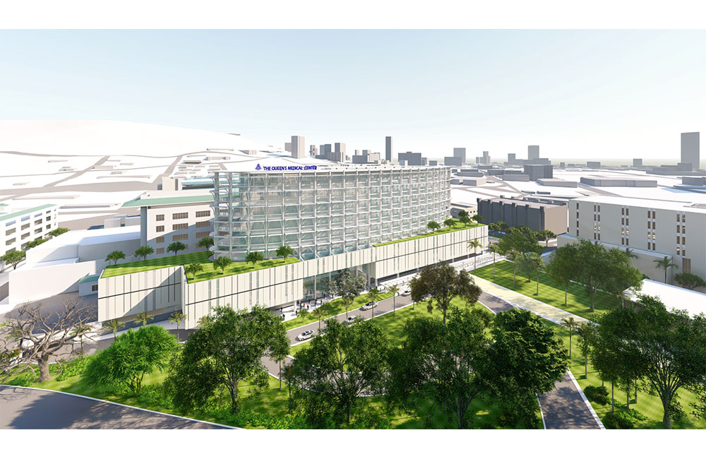 Image 2. Exterior aerial rendering of eliptical 6-story modern building situated on top of an angular 3 story plinth structure.