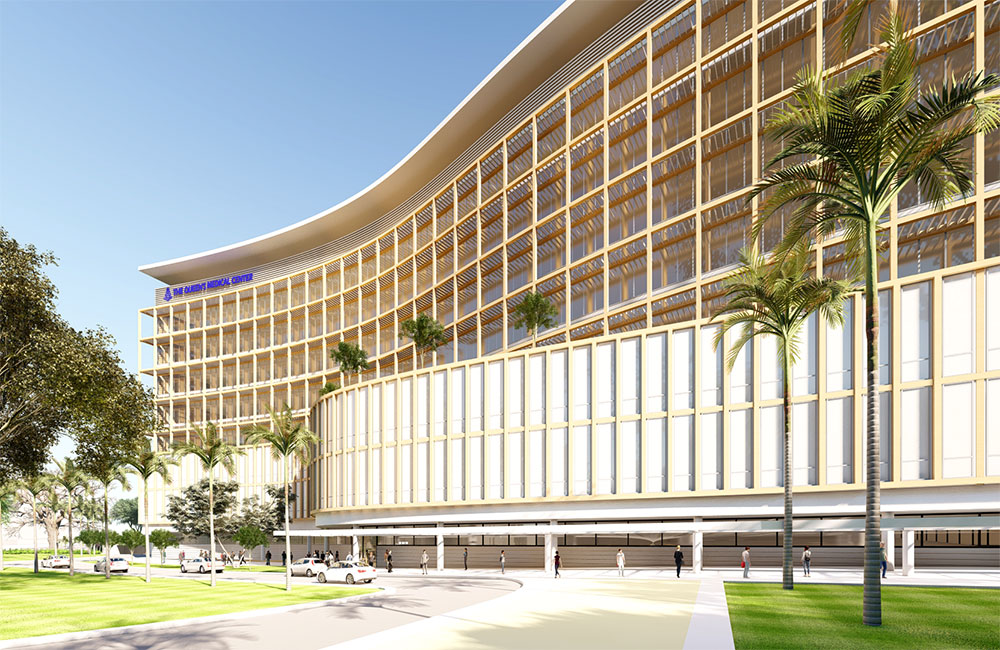 Image 6. Exterior street level rendering of curved facade building entry.