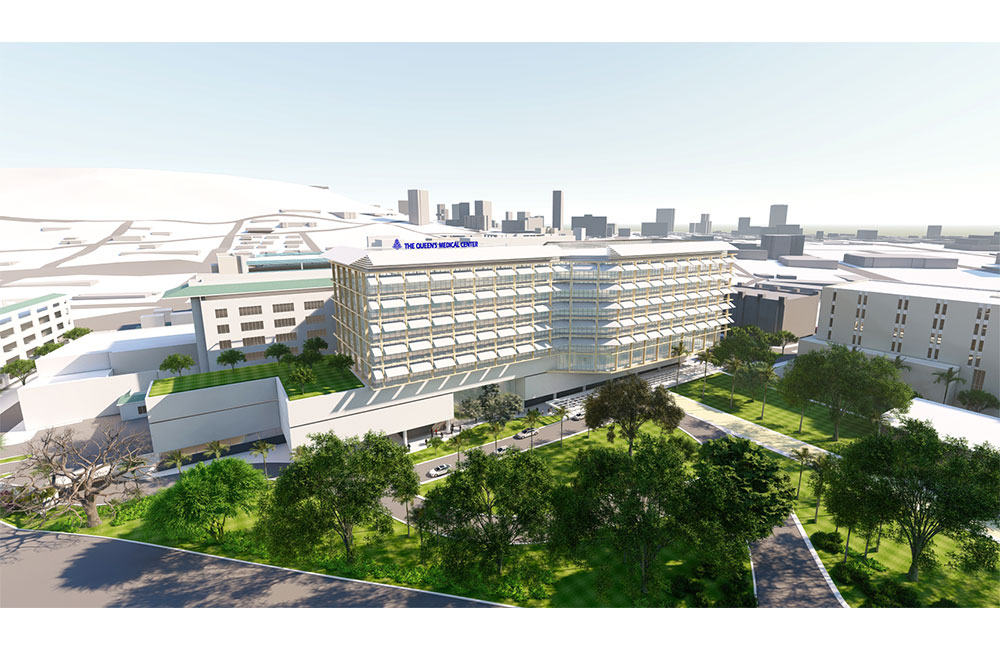 Image 8. Exterior aerial rendering of rectiliner 6-story modern building situated on top of an angular 3 story plinth structure.