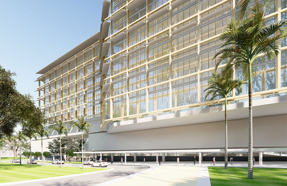 Image 9. Exterior street level rendering of rectilinear building entry.