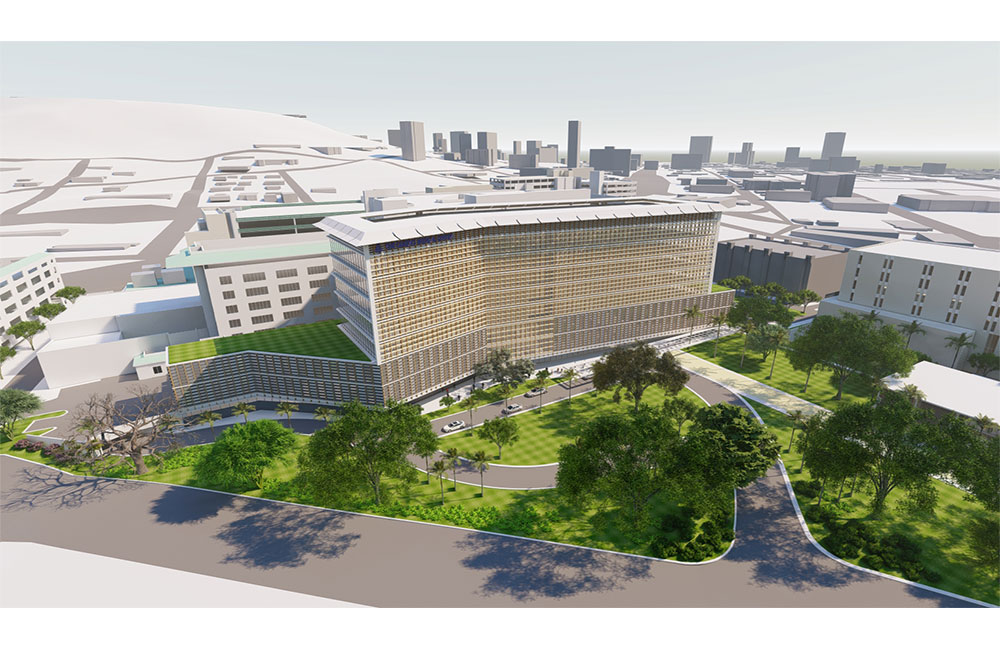 Image 11. Exterior aerial rendering of angular 6-story modern building situated on top of an 3 story plinth structure.