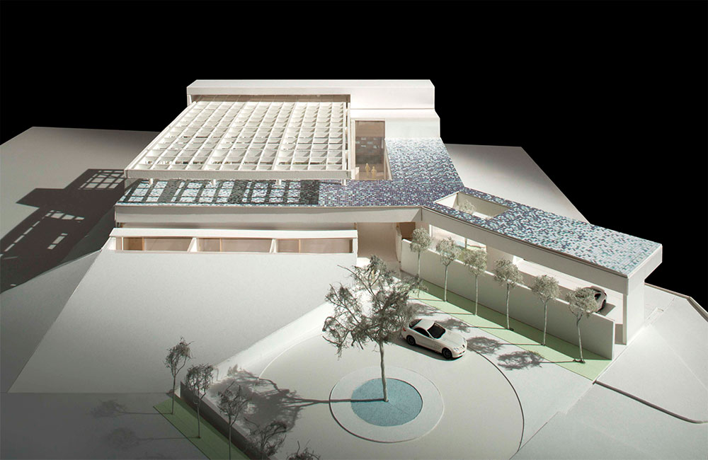 Image 7. Three quarter aerial view of residence model showing the main entry.