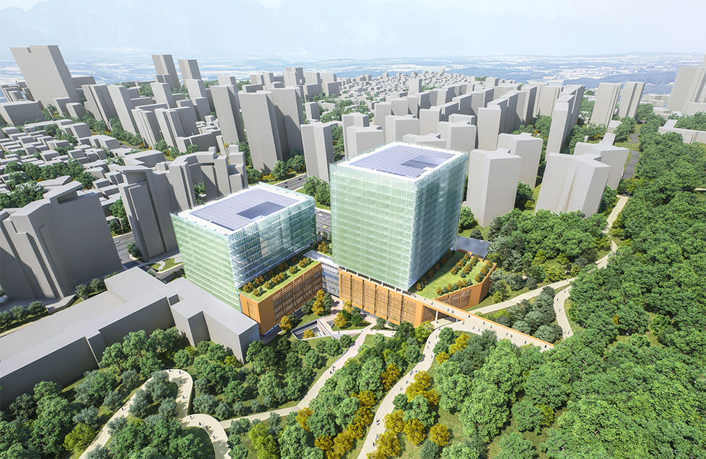 Image 2. Exterior aerial rendering of 2 modern hospital towers.